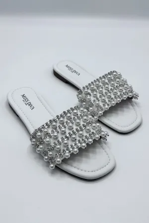 Tiana Diamante Pearl Strap Sliders in White