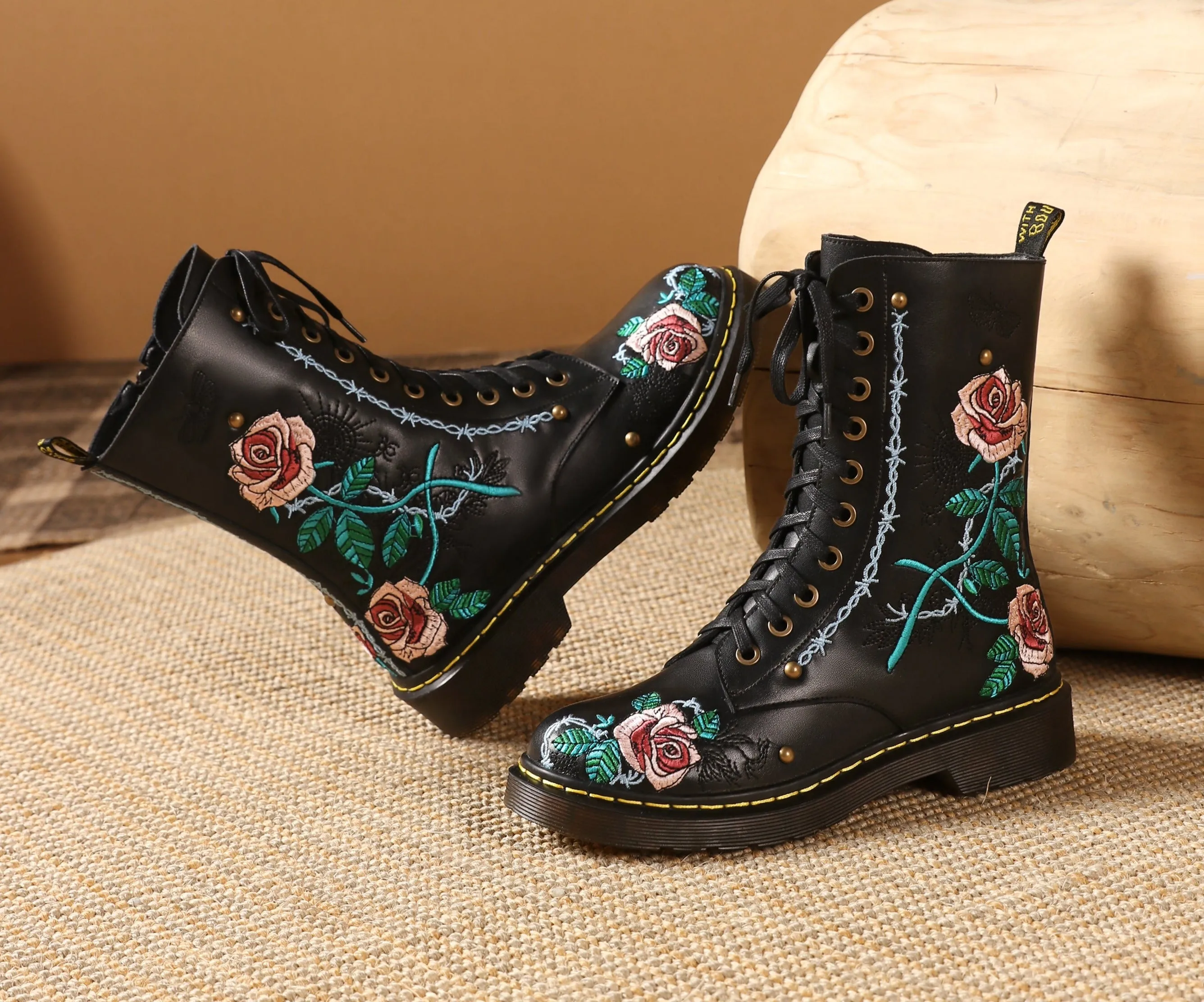 TinaCus Handmade Women's Genuine Leather Ethnic Embroidered Floral Round Toe Low Chunky Heel Front Lace Up Combat Boots