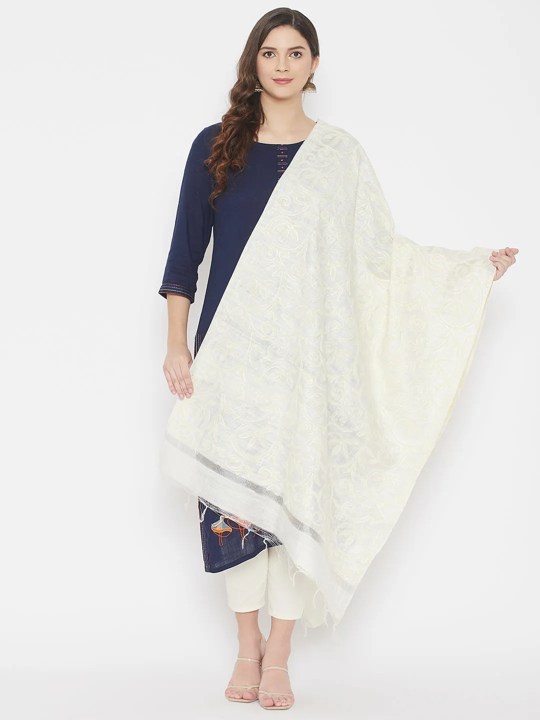 Women Cream Embroidered Silk Dupatta