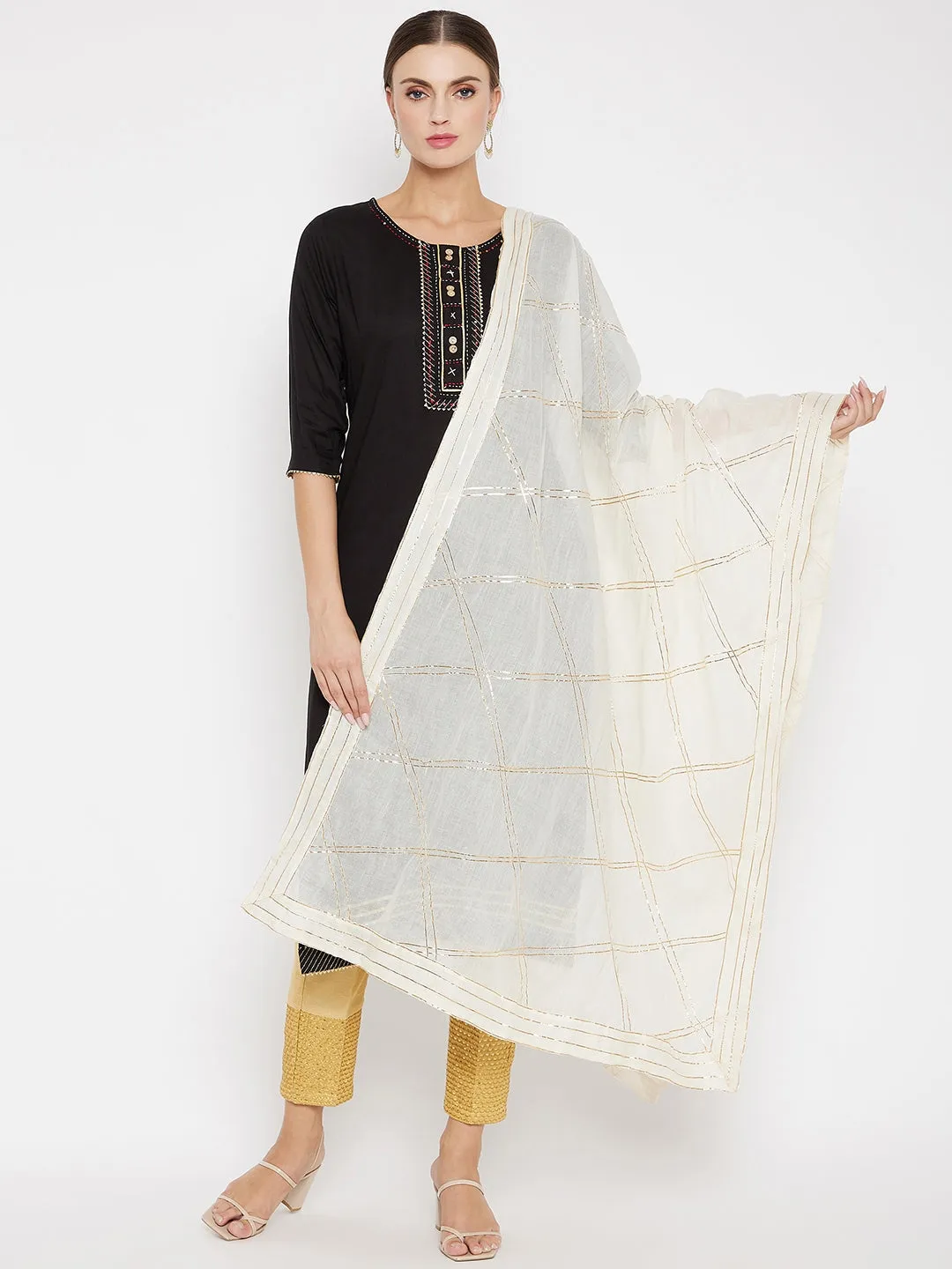 Women Cream Gotta Patti Cotton Dupatta