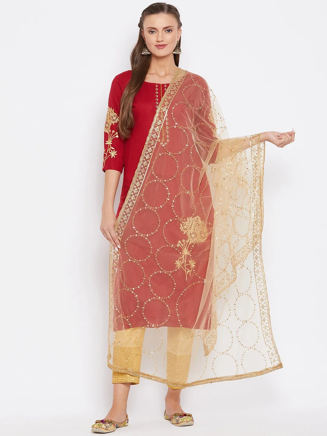 Women Fawn Golden Embellished Net Dupatta