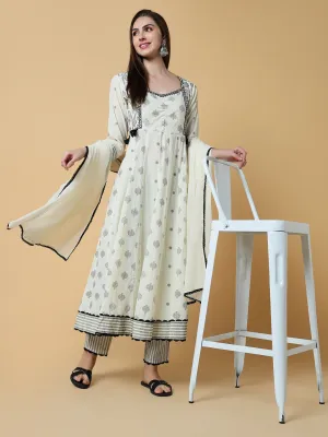 Women Geometric Off White Anarkali Kurta Set with Dupatta