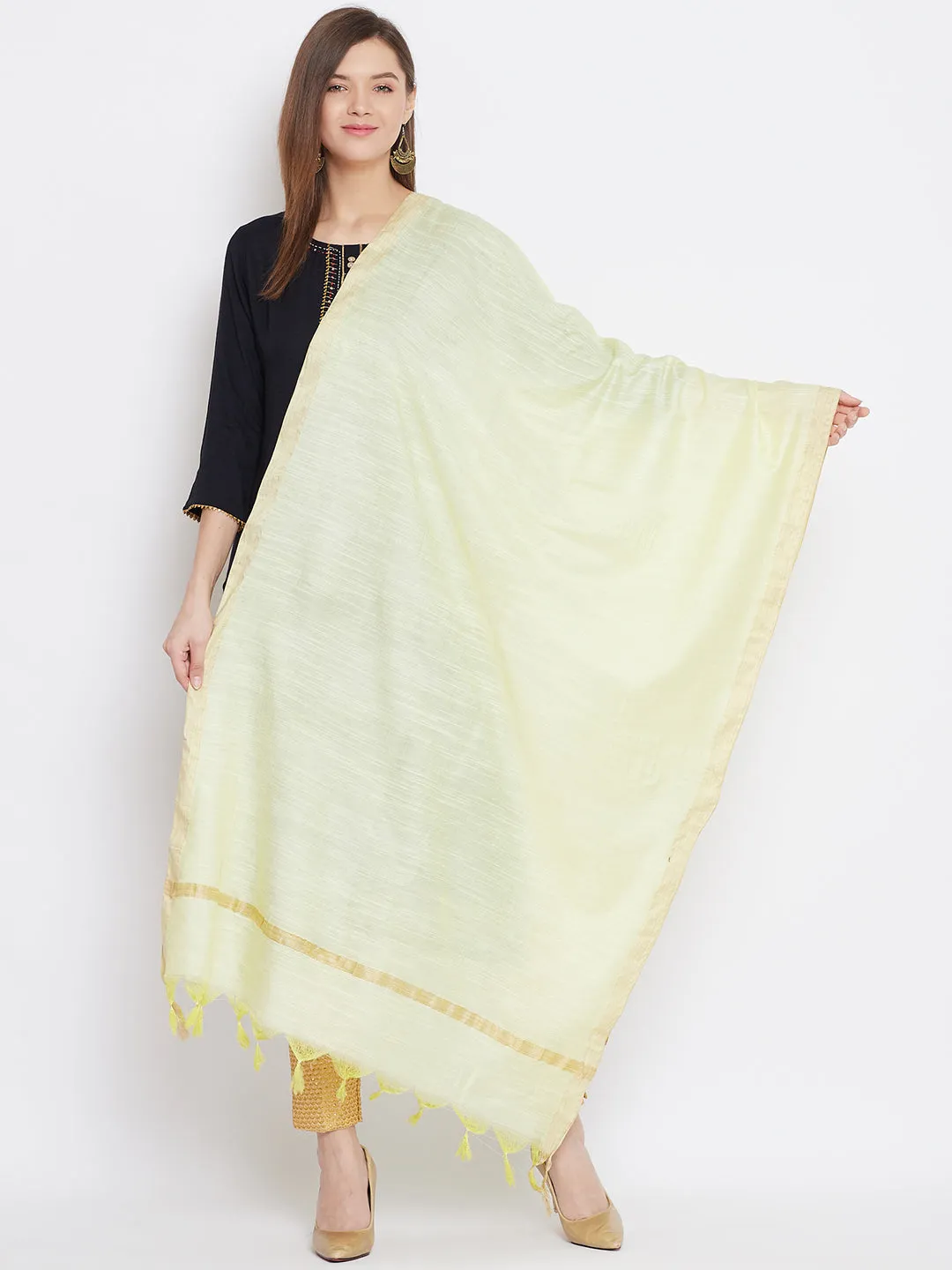 Women Lemon Solid Cotton Tussar Dupatta