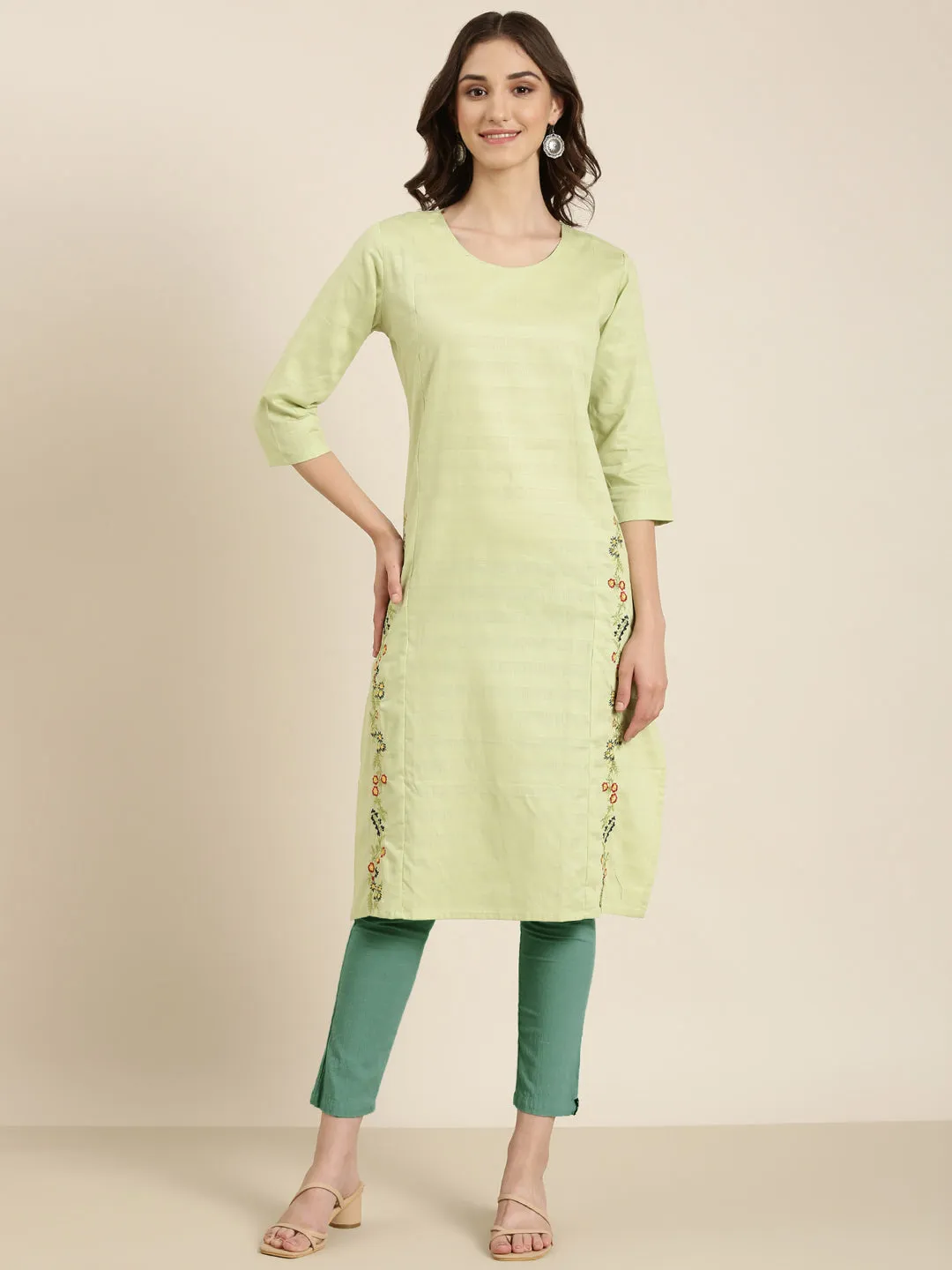 Women Lime Green Solid Straight Kurta