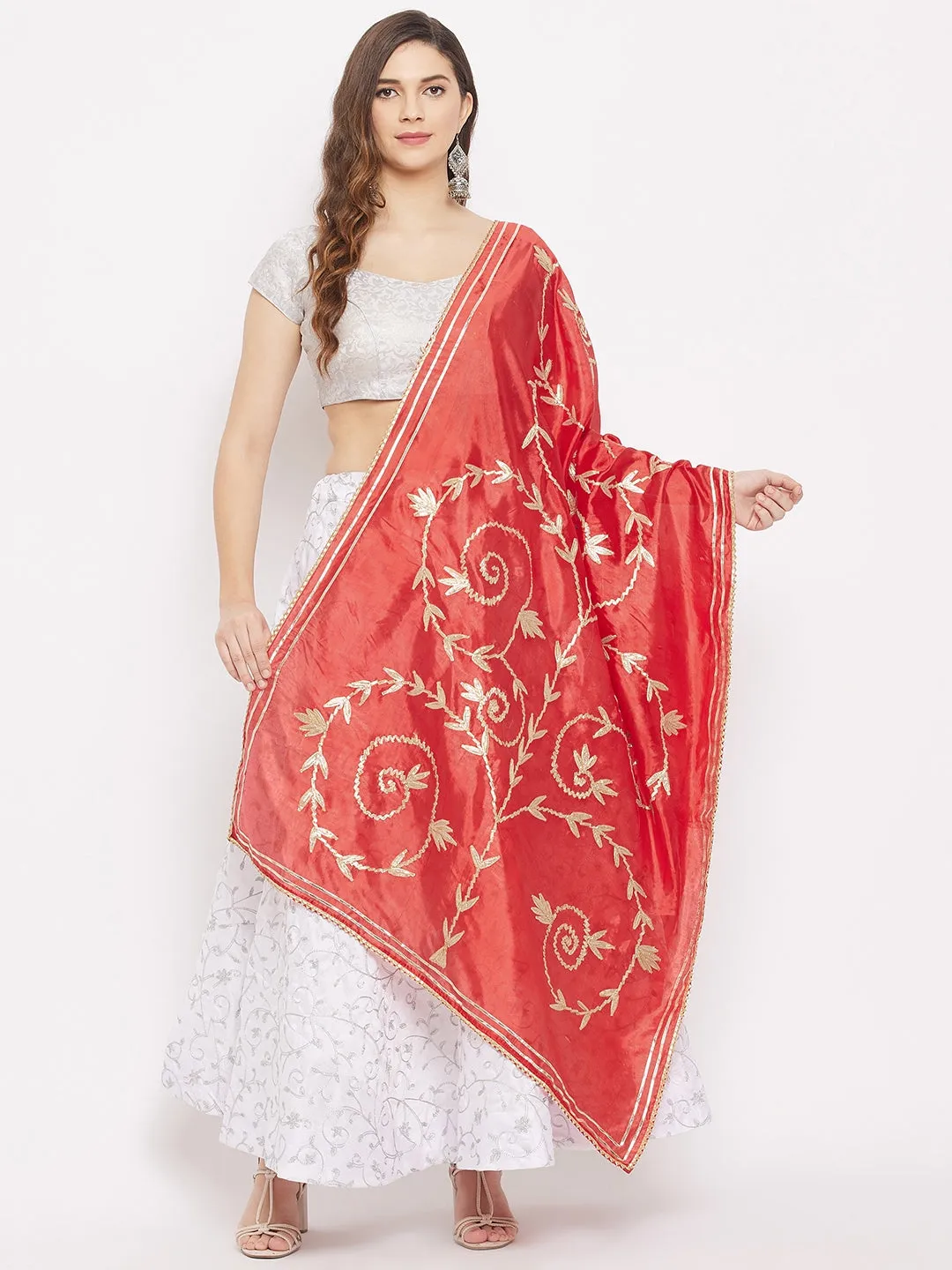 Women Red Gotta Patti Silk Dupatta