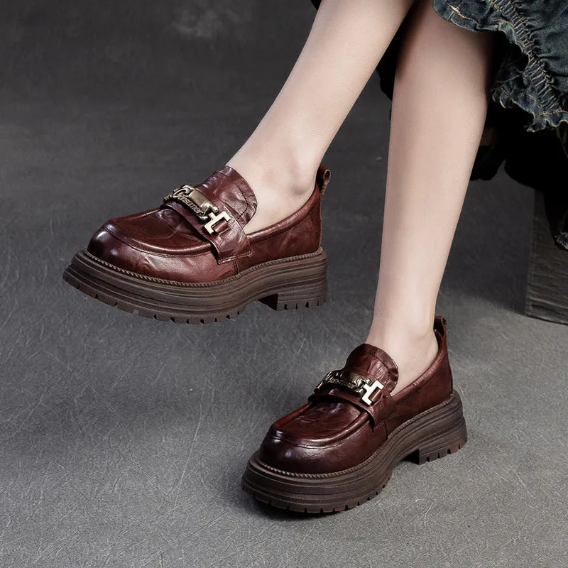 Women Retro Minimalist Leather Thick Soled Casual Loafers