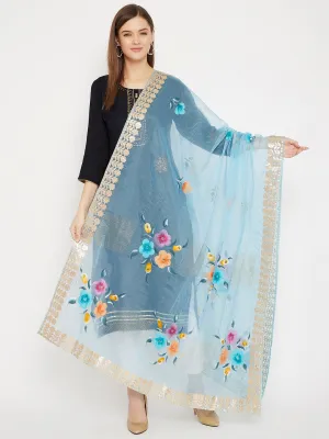 Women Sky Blue Printed Organza Dupatta