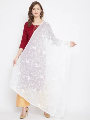 Women White Embroidered Chiffon Dupatta