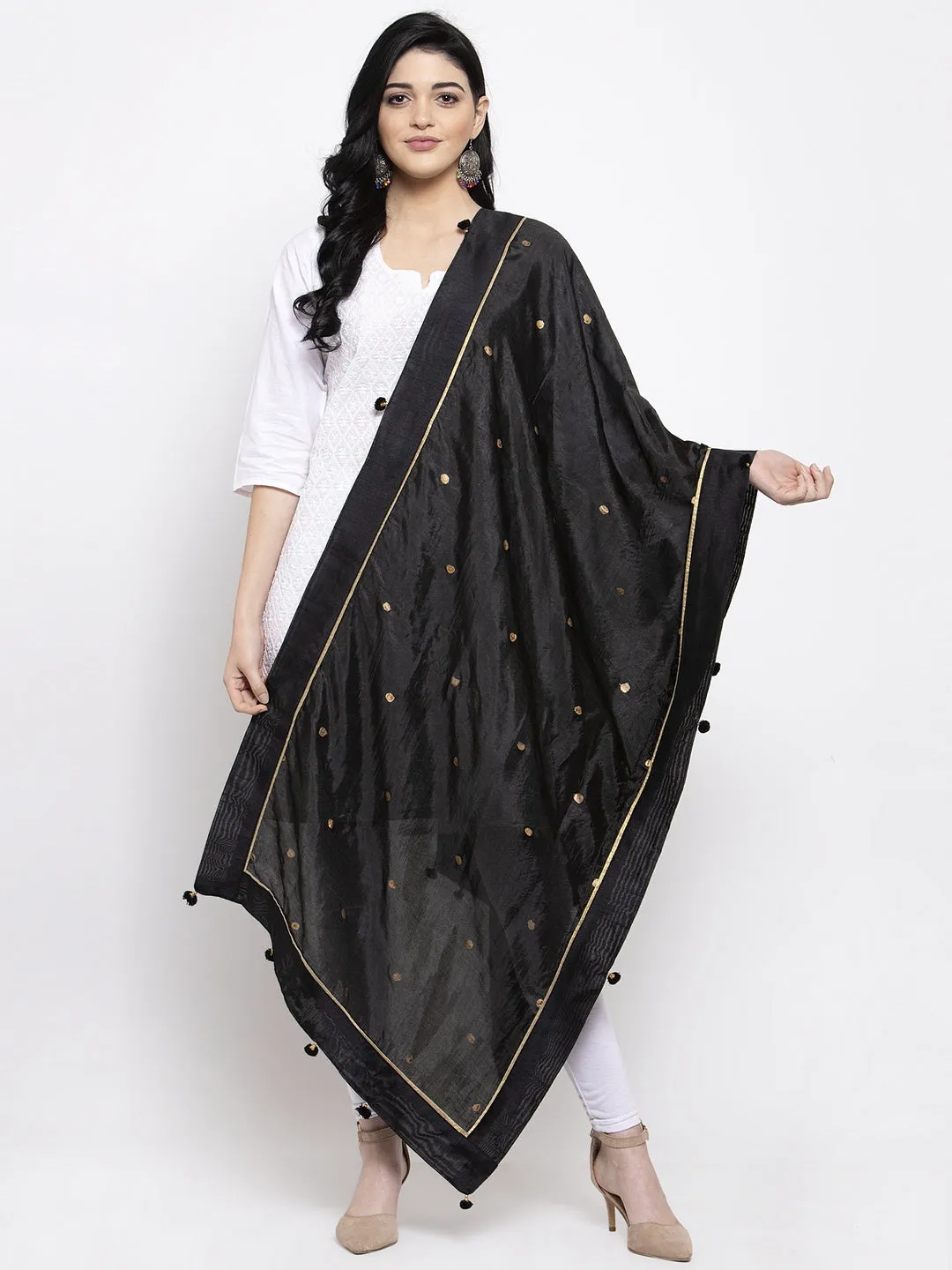 Women'S Black Polka Dots Silk Dupatta