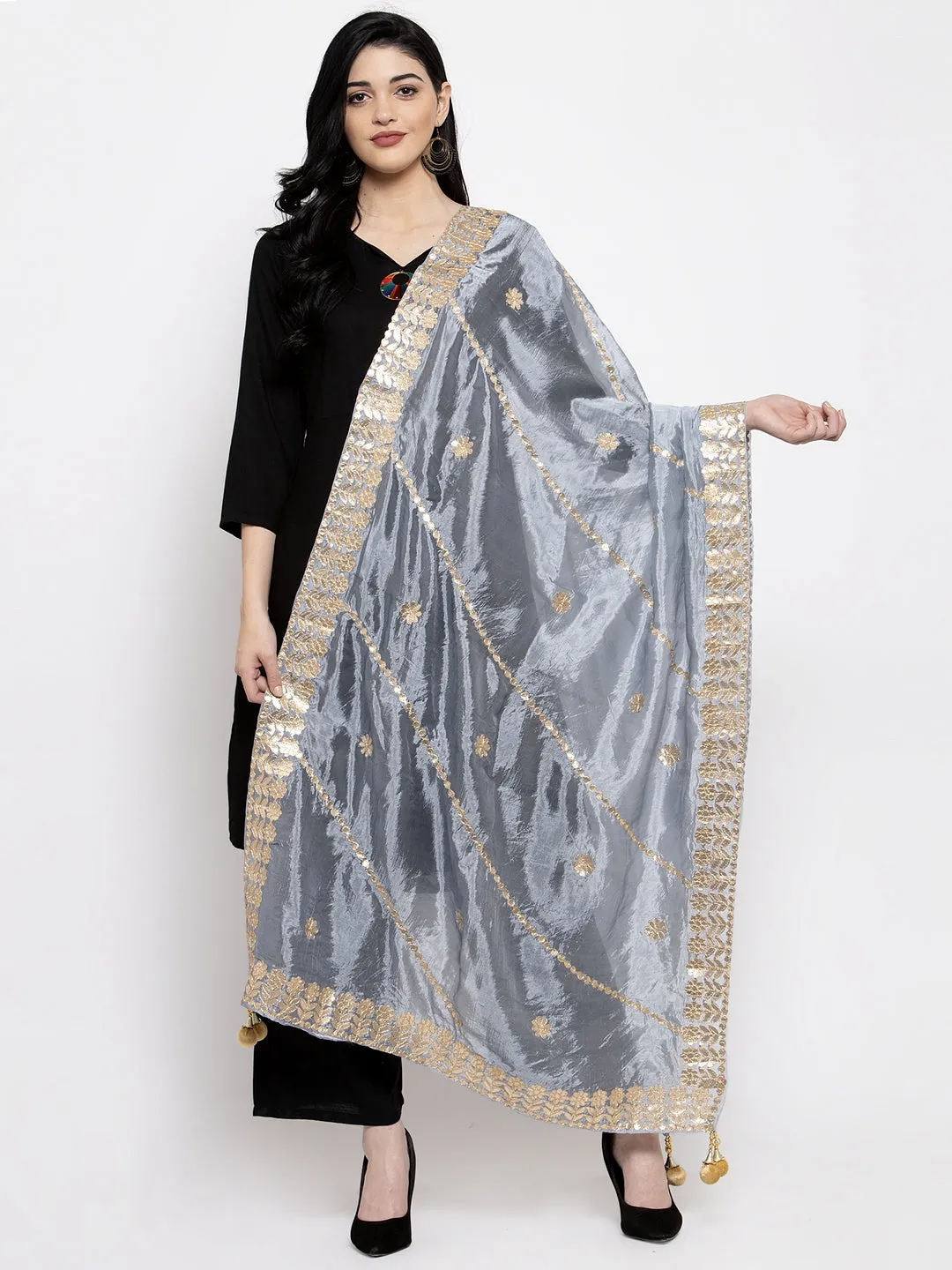 Women'S Grey Gotta Patti Silk Dupatta