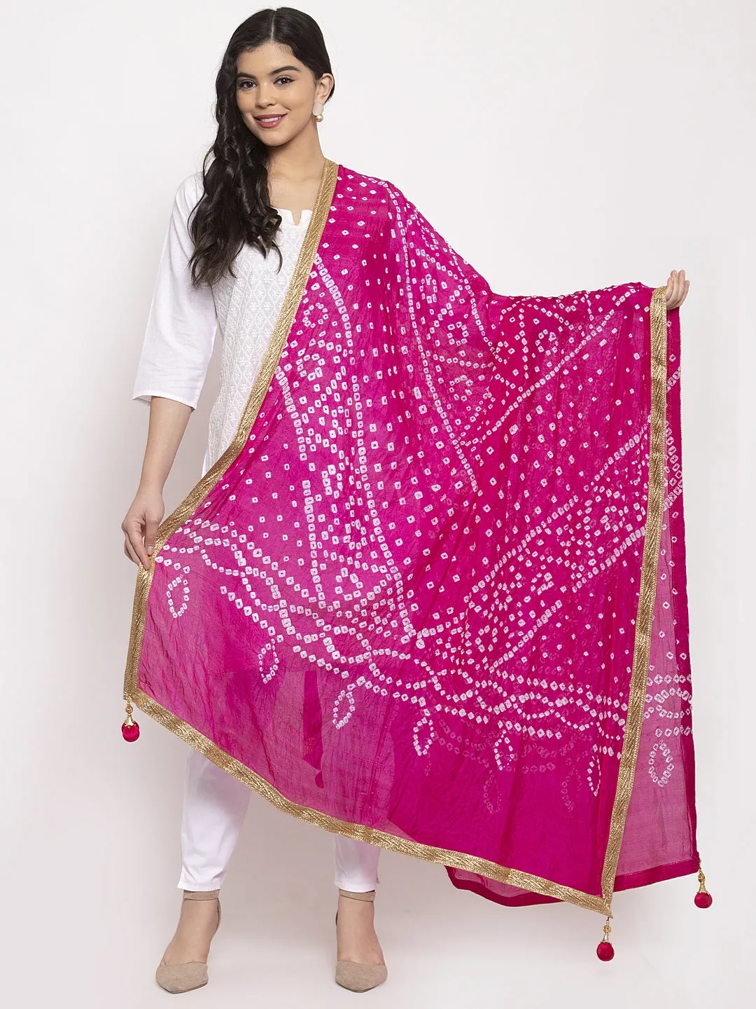 Women'S Magenta Bandhani Gotta Patti Silk Dupatta