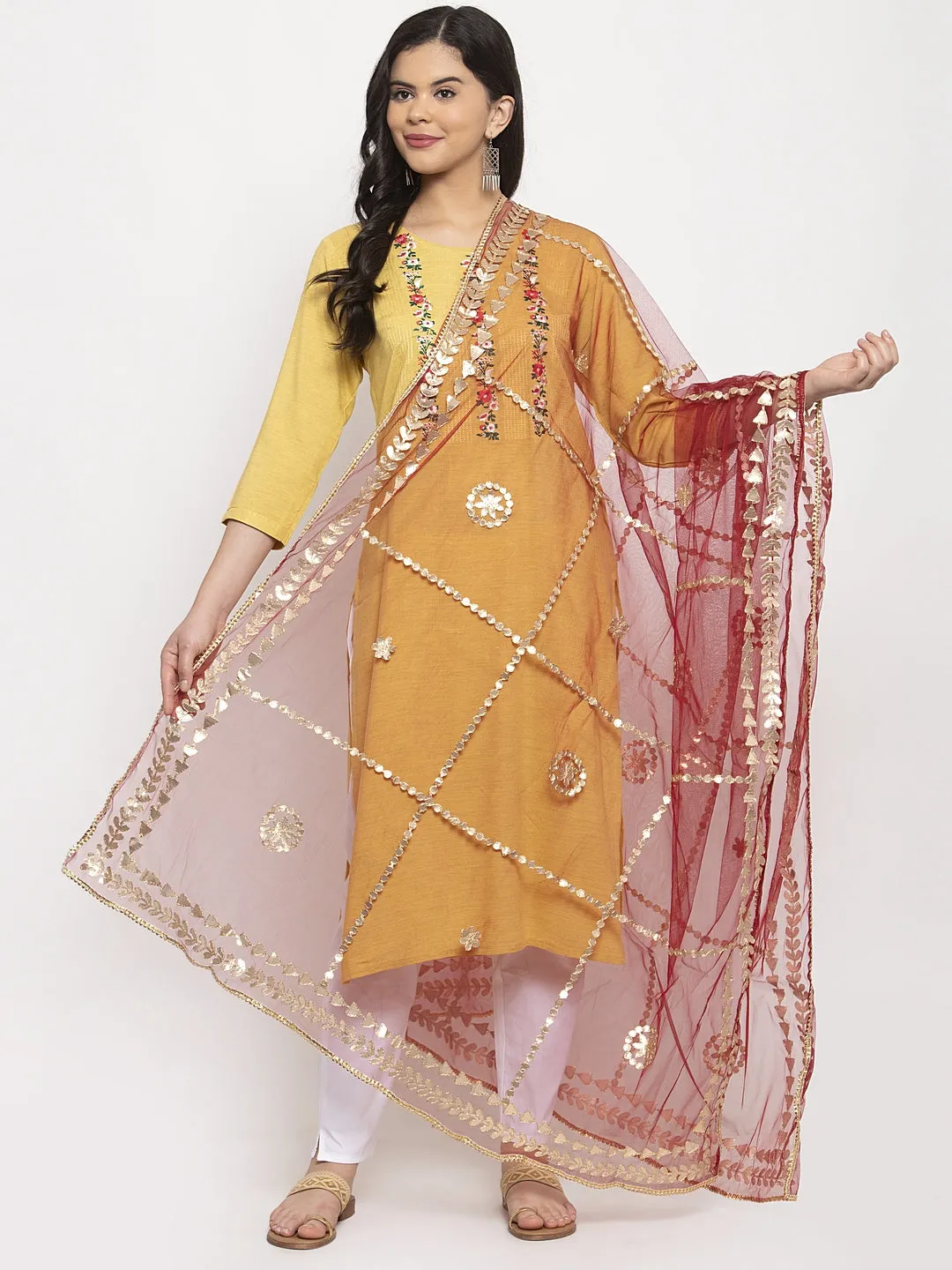 Women'S Maroon Gotta Patti Net Dupatta