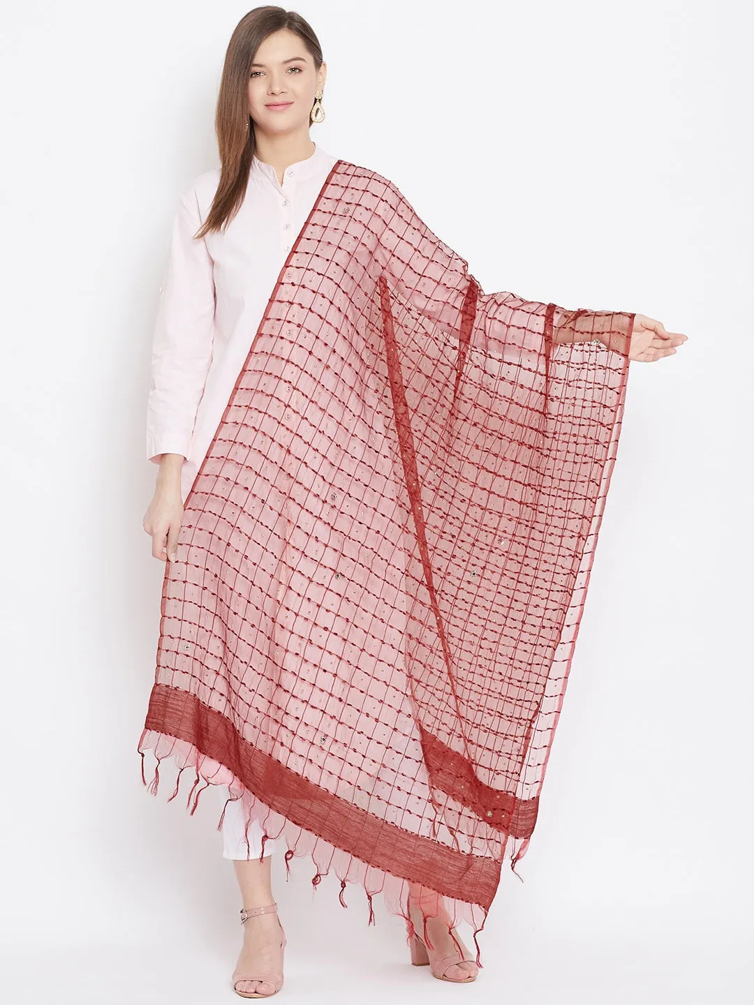 Women'S Maroon Sequinned Net Dupatta