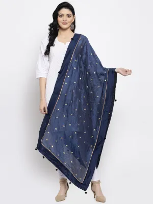 Women'S Navy Blue Polka Dots Silk Dupatta