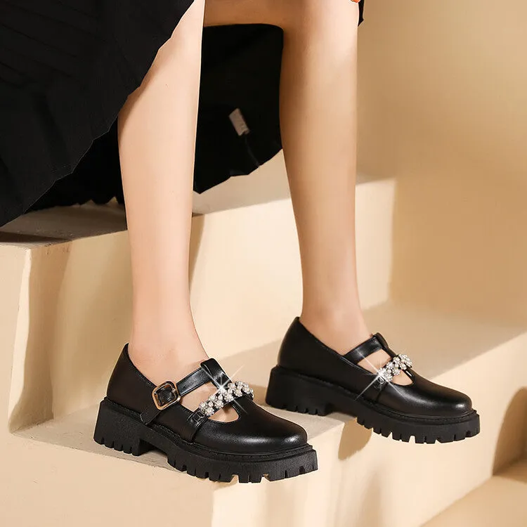 Women's T Strap Rhinestone Platform Slip-On Loafers