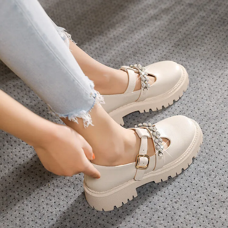 Women's T Strap Rhinestone Platform Slip-On Loafers