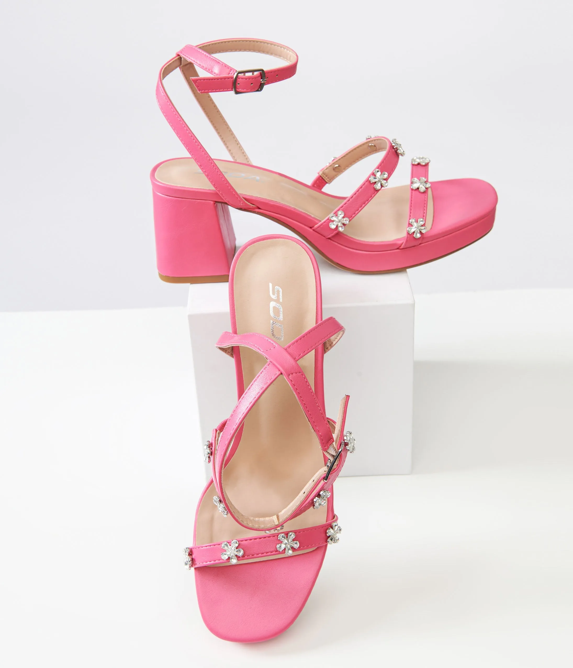 Y2K Pink Leatherette & Rhinestone Floral Platform Heels