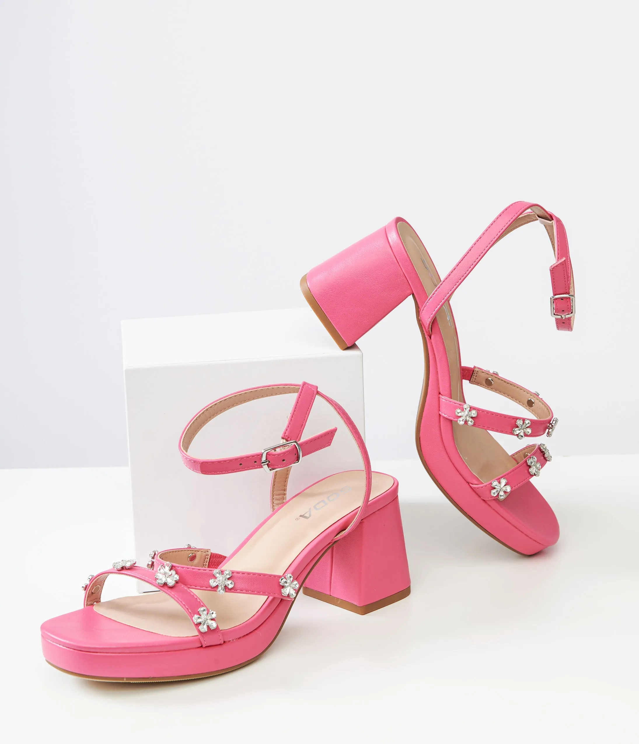 Y2K Pink Leatherette & Rhinestone Floral Platform Heels